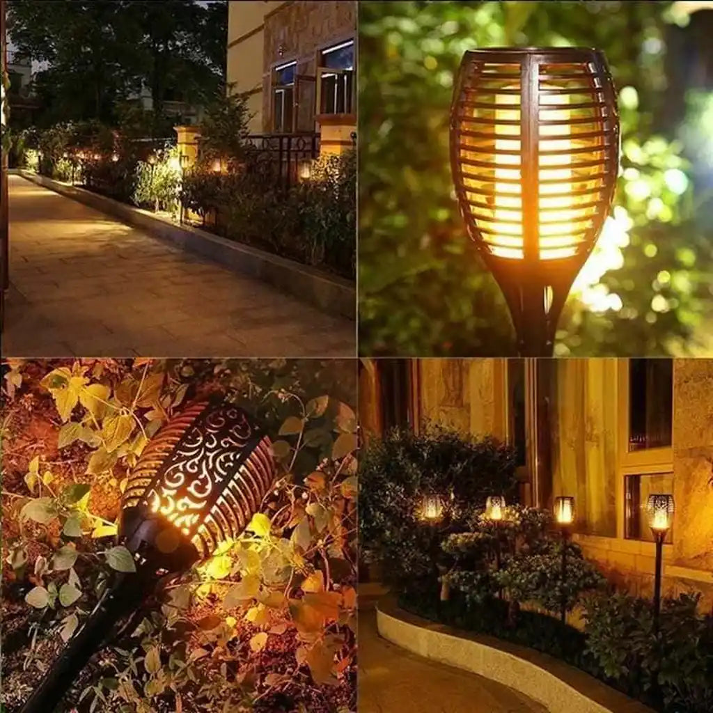 Antorchas solares decorativas iluminando senderos y jardines, efecto llama cálido para exteriores elegantes