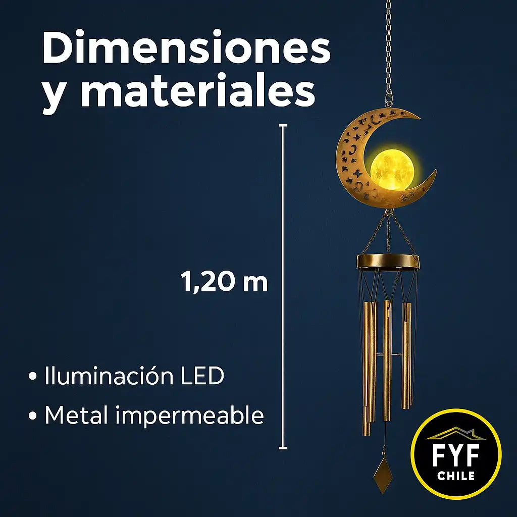 Campana de viento solar con diseño de luna, luz LED cálida y cuerpo metálico impermeable de 1,20 metros de largo. Ideal para decorar terrazas, balcones y jardines.