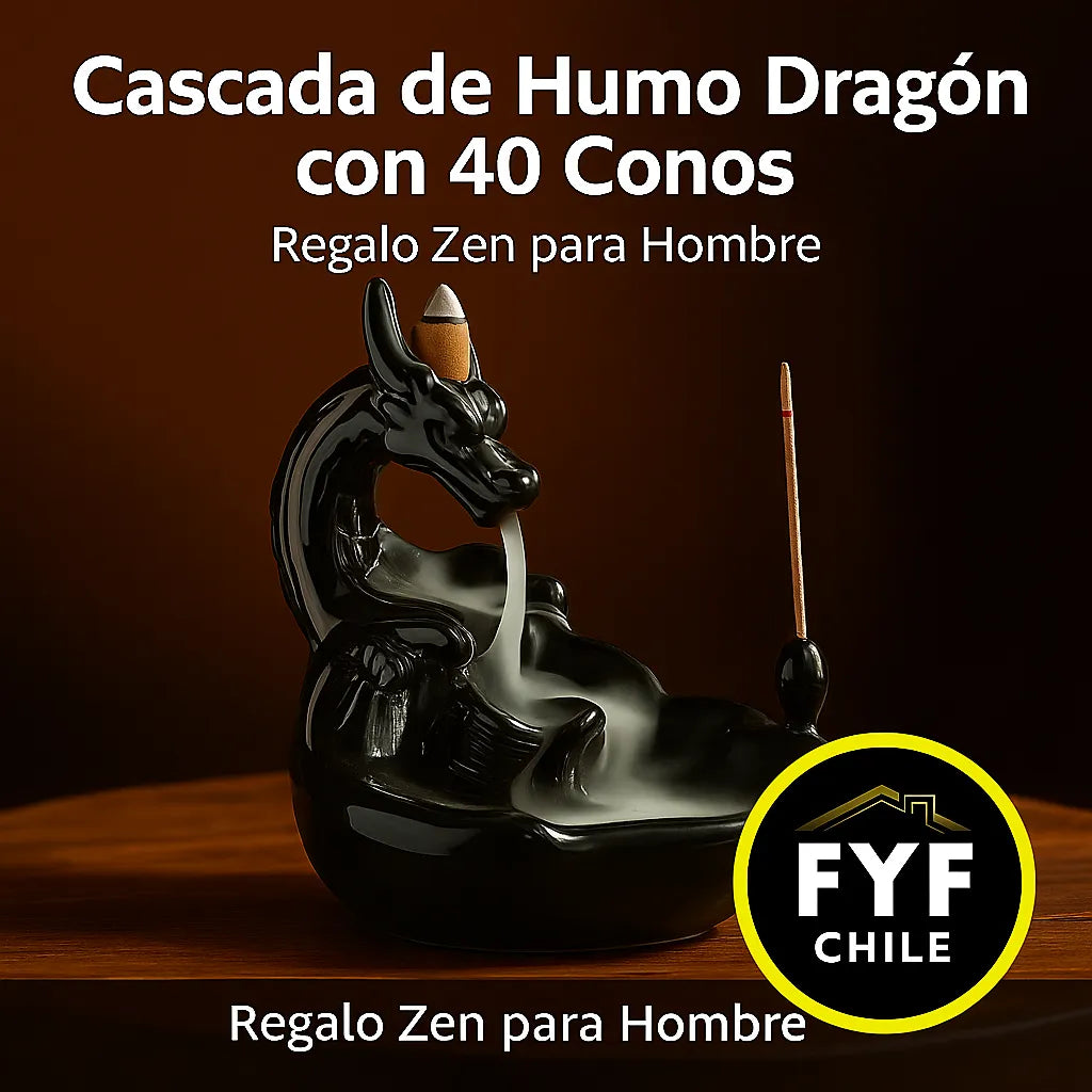 Cascada de humo con figura de dragón y conos aromáticos, ideal como regalo espiritual para hombre