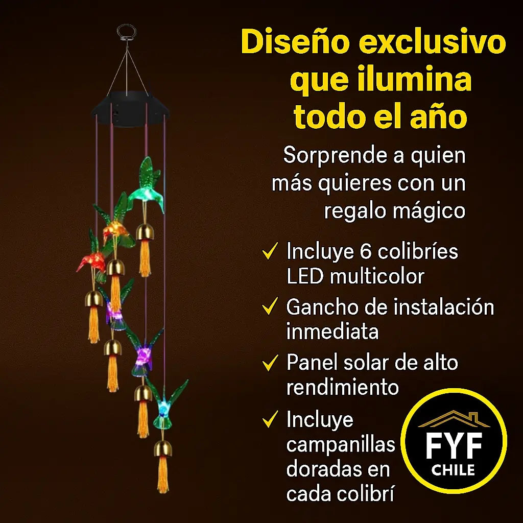 Colgante solar con diseño exclusivo de 6 colibríes LED multicolor, campanillas doradas y gancho de instalación inmediata, presentado sobre fondo marrón junto al logo de FYF Chile.