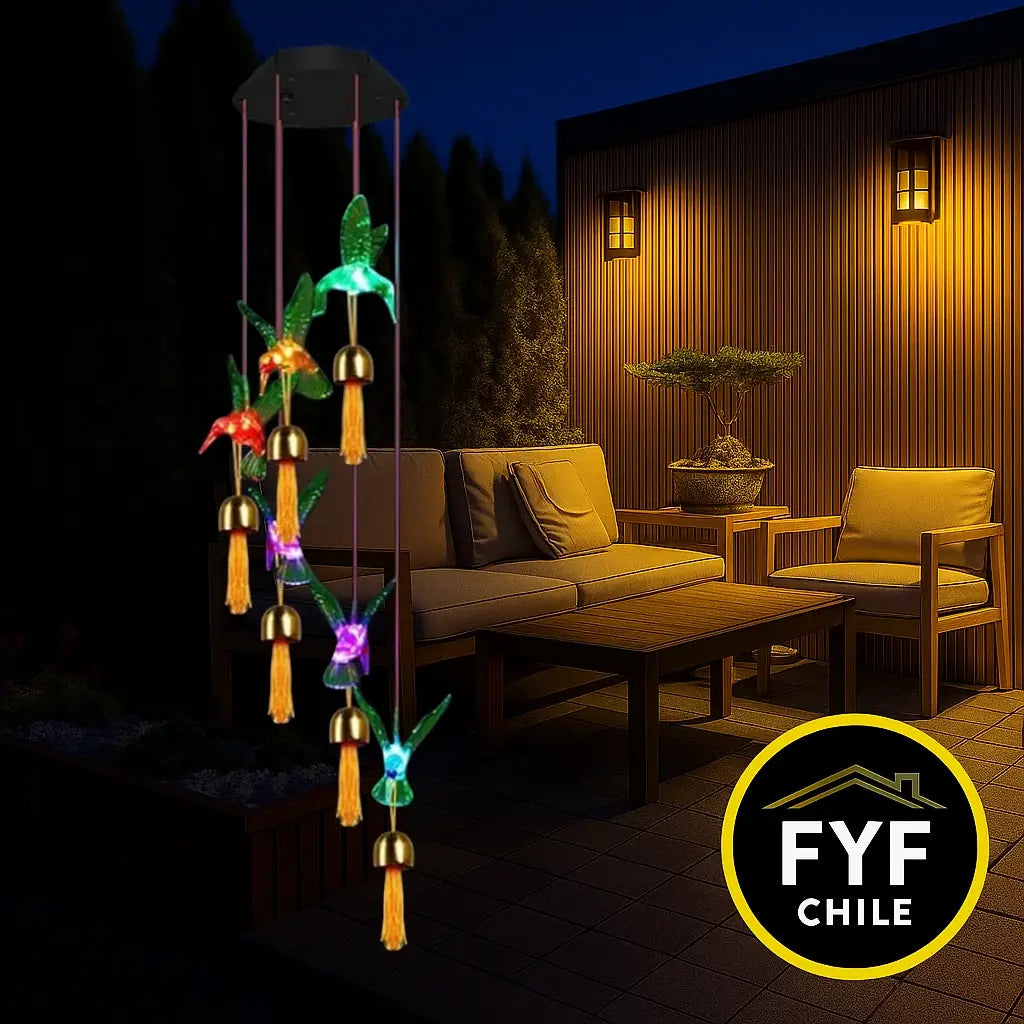 Luces LED encendidas en colibríes solares durante la noche en el jardín