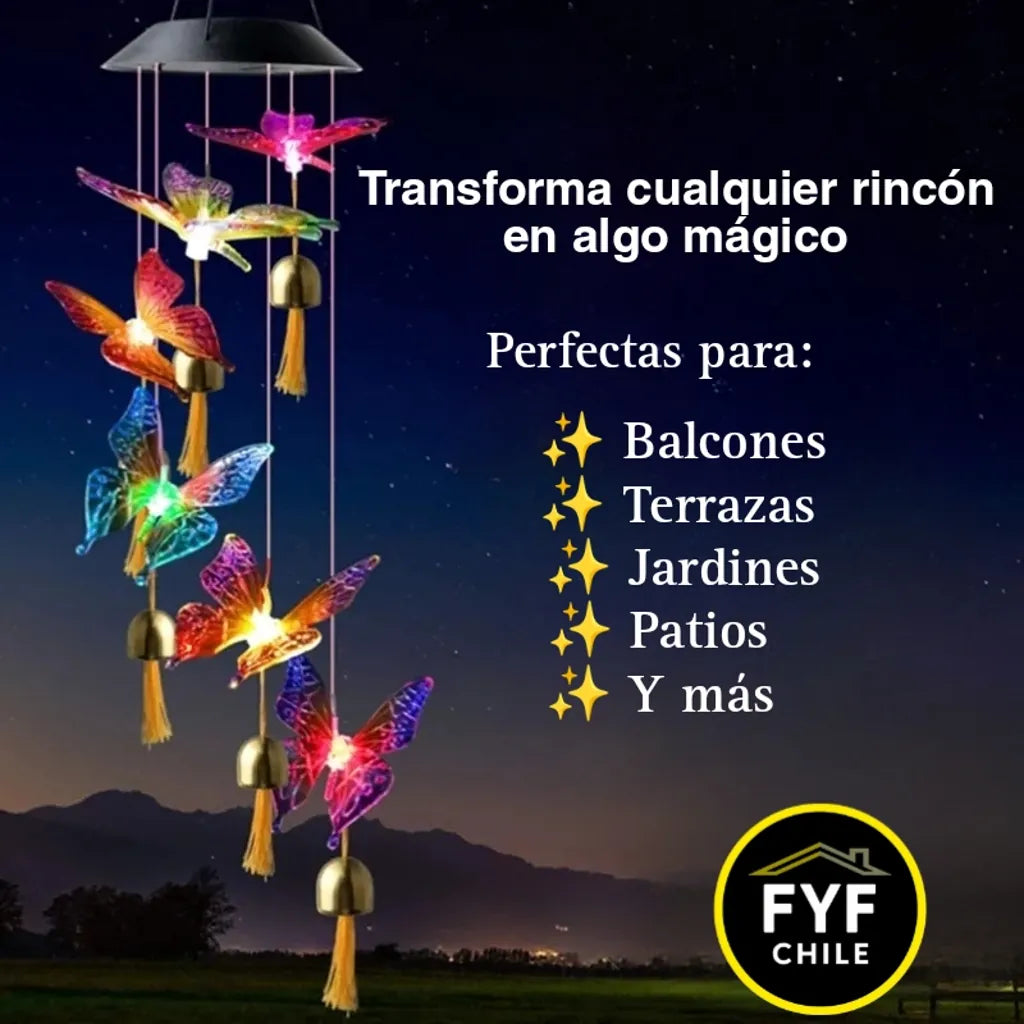 Colgante solar de mariposas decorando jardín o balcón con luces LED mágicas, ideal para terrazas y patios