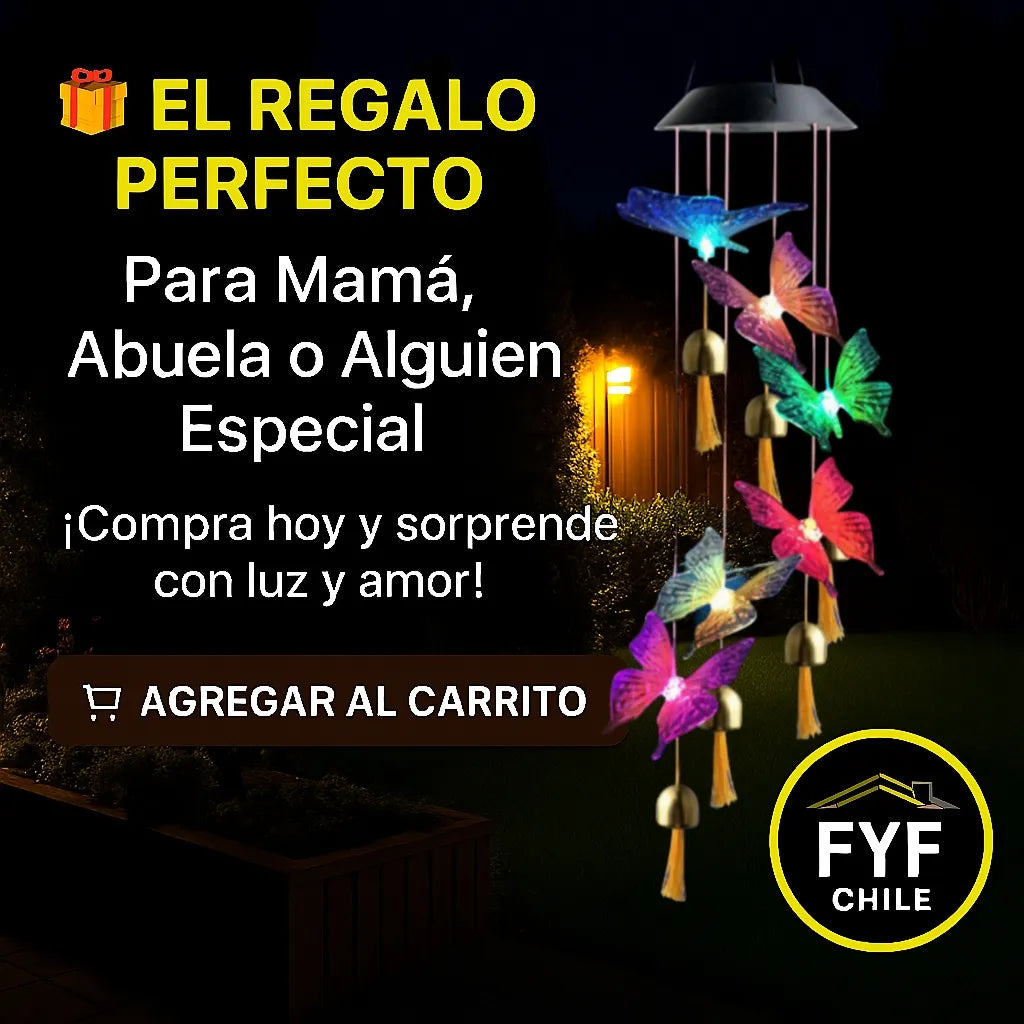 Colgante solar con mariposas LED multicolor, ideal como regalo perfecto para mamá, abuela o mujer especial, decorando jardín o terraza con luz y emoción.