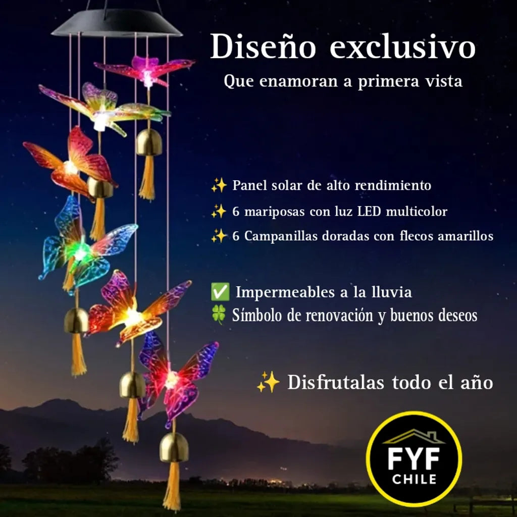 Texto alternativo sugerido: Colgante solar con 6 mariposas LED y campanillas doradas, diseño exclusivo impermeable para regalar todo el año
