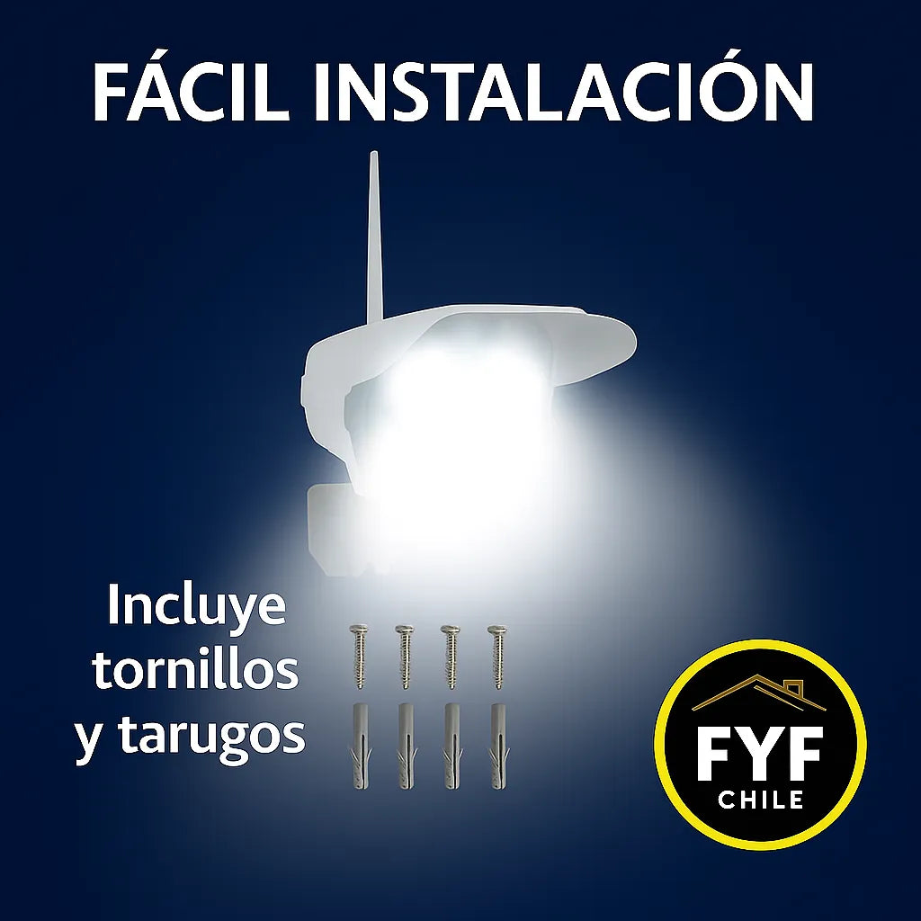 Focos solares tipo cámara iluminando intensamente bajo la lluvia con instalación exterior, ideal para seguridad en jardines, entradas y cabañas.