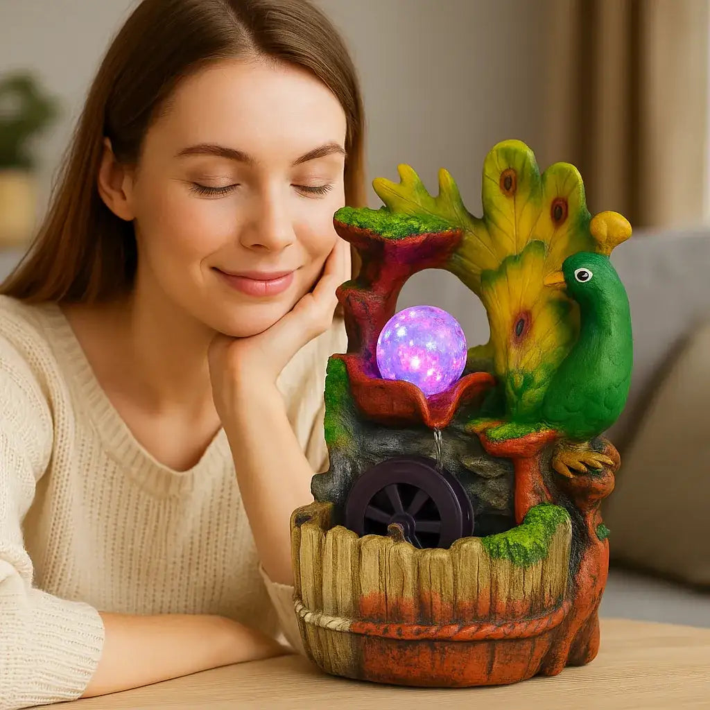 Mujer sonriendo con los ojos cerrados mientras disfruta la fuente de agua decorativa con pavo real y esfera LED, sobre una mesa en ambiente relajante.