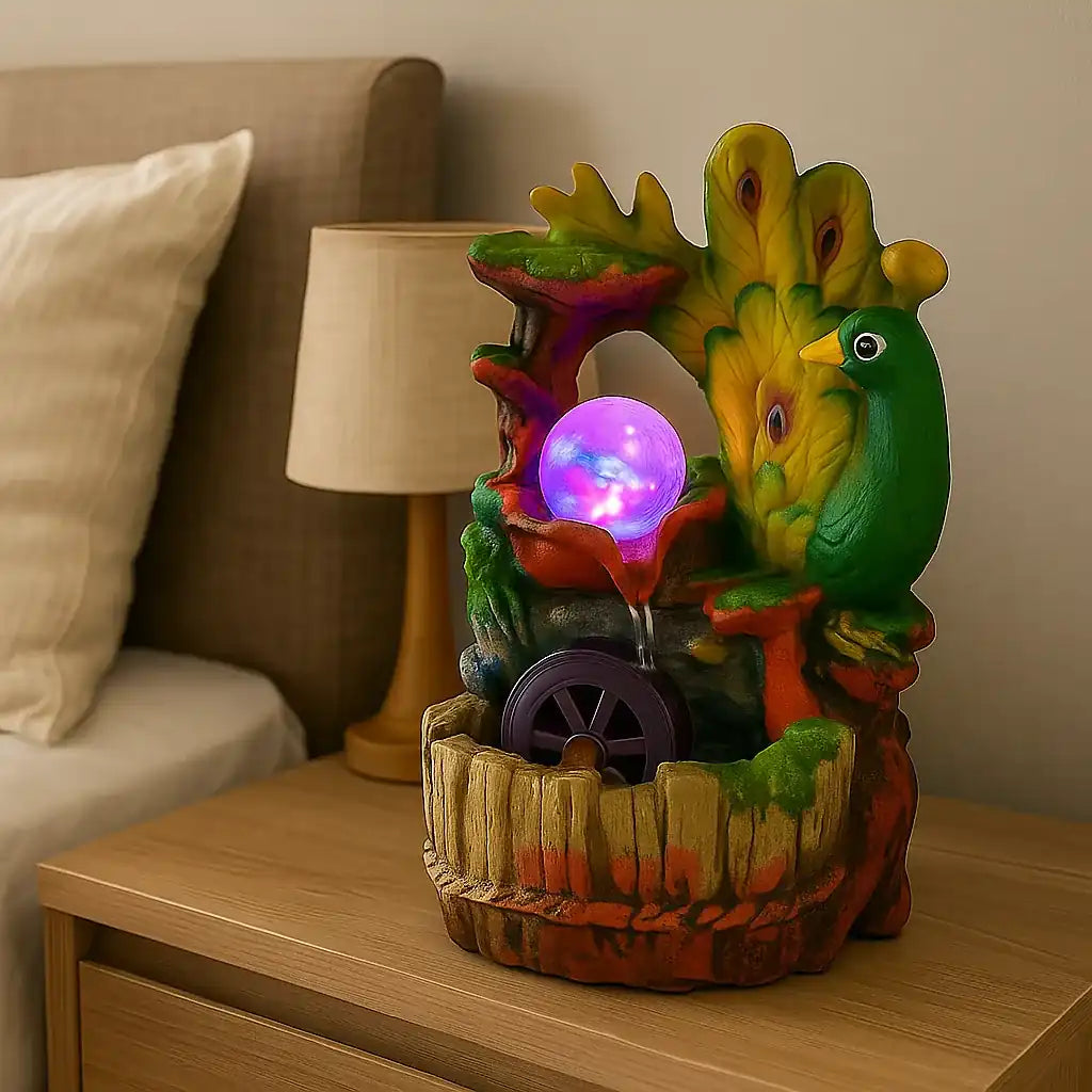 Fuente de agua decorativa con pavo real encendida sobre velador de dormitorio, ideal para crear ambientes relajantes y elegantes