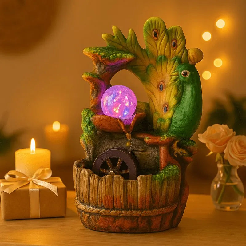 Fuente de agua decorativa con LED y figura de pavo real encendida en un ambiente cálido con velas, regalo perfecto para el hogar