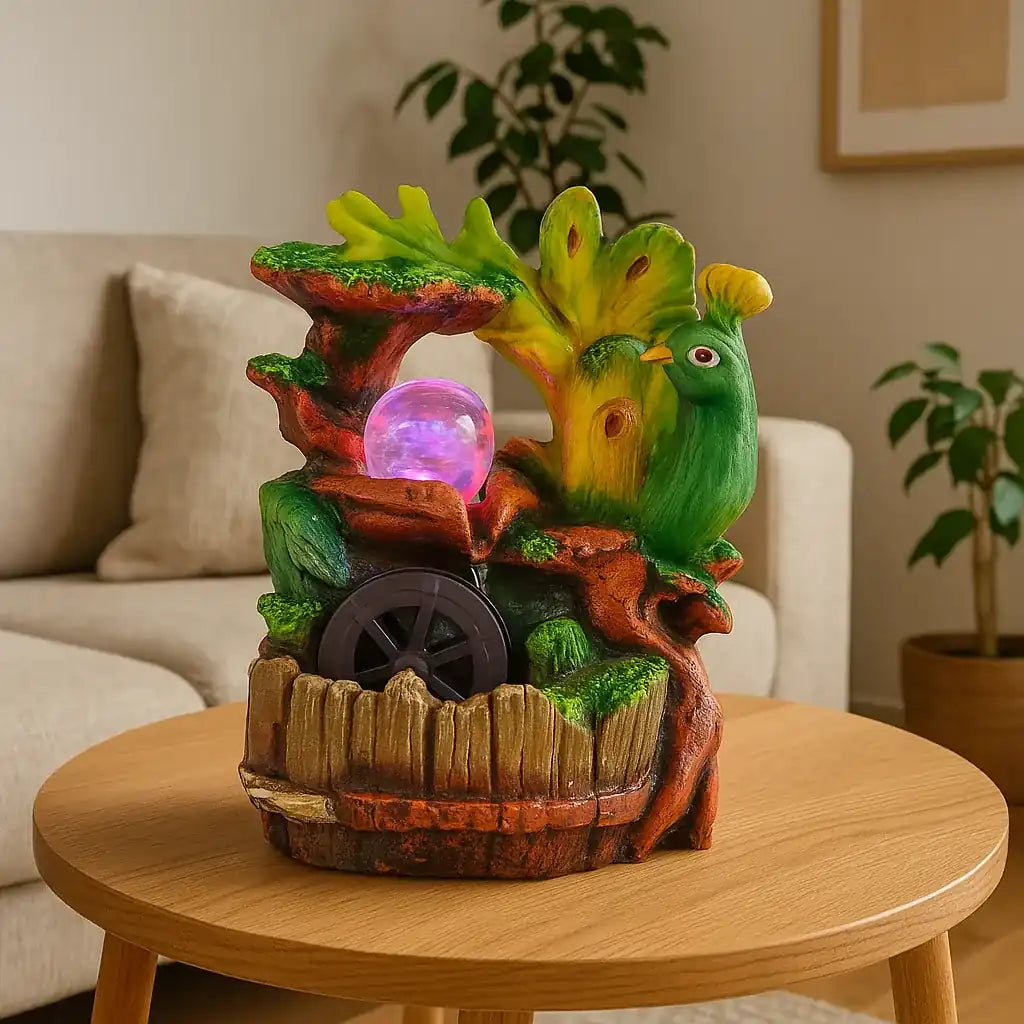 Fuente de agua decorativa con pavo real, esfera LED giratoria y rueda en movimiento sobre mesa de madera en sala moderna