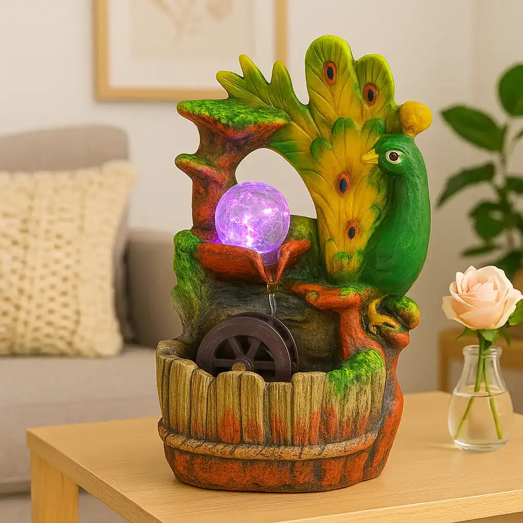 Fuente de agua decorativa con pavo real y esfera LED multicolor encendida sobre mesa de centro, ideal para salas o espacios interiores.
