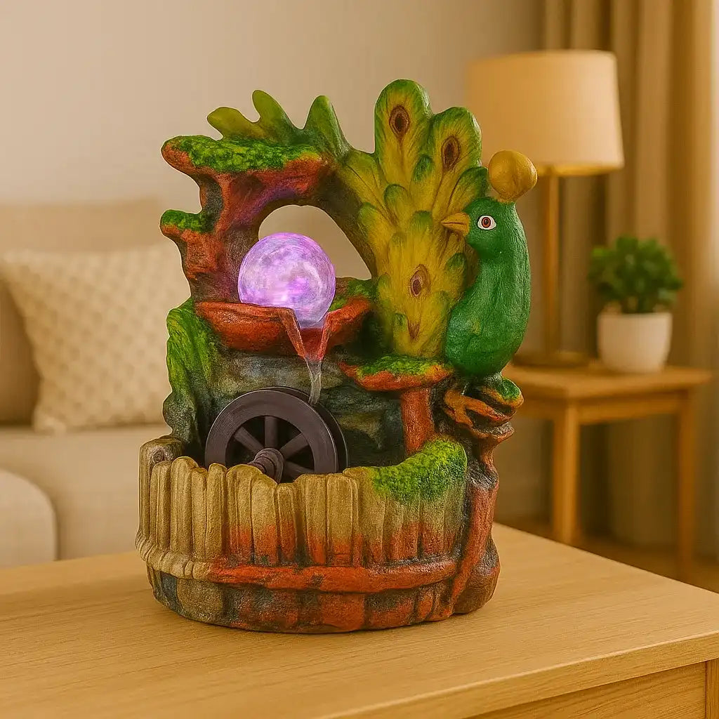 Detalle de la fuente de agua decorativa con figura de pavo real, esfera LED giratoria y acabados artesanales, ideal como regalo relajante para el hogar.