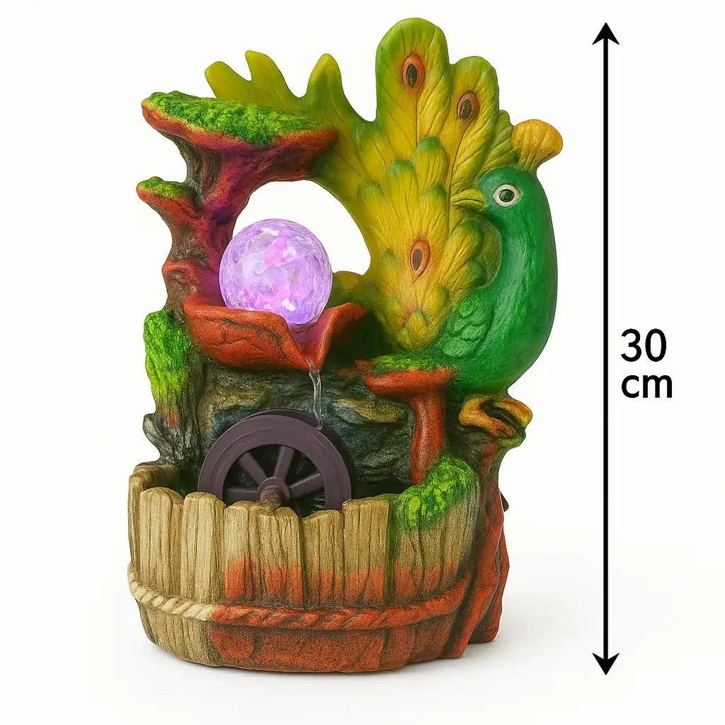 Fuente de agua decorativa con pavo real y esfera LED giratoria de 30 cm de alto, ideal para interiores