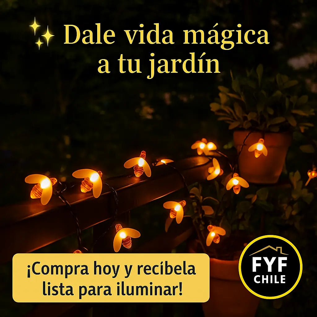Guirnalda de abejitas solares encendida en terraza de noche, con mensaje: Dale vida mágica a tu jardín. Oferta: Compra hoy y recíbela lista para iluminar. Logo FYF Chile visible.