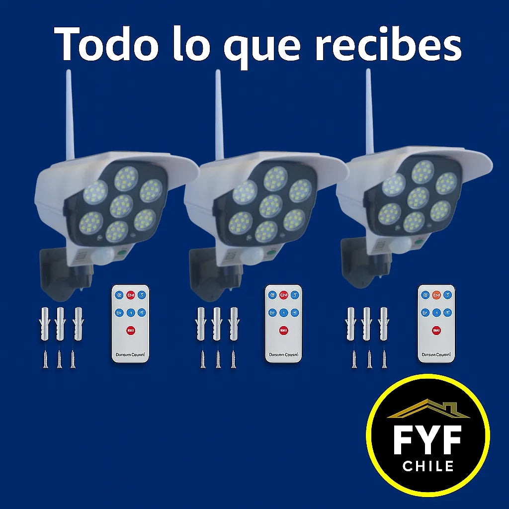 Pack de 3 focos solares tipo cámara con control remoto y kit de montaje, todo lo que recibes incluido en la compra. Marca FYF Chile.