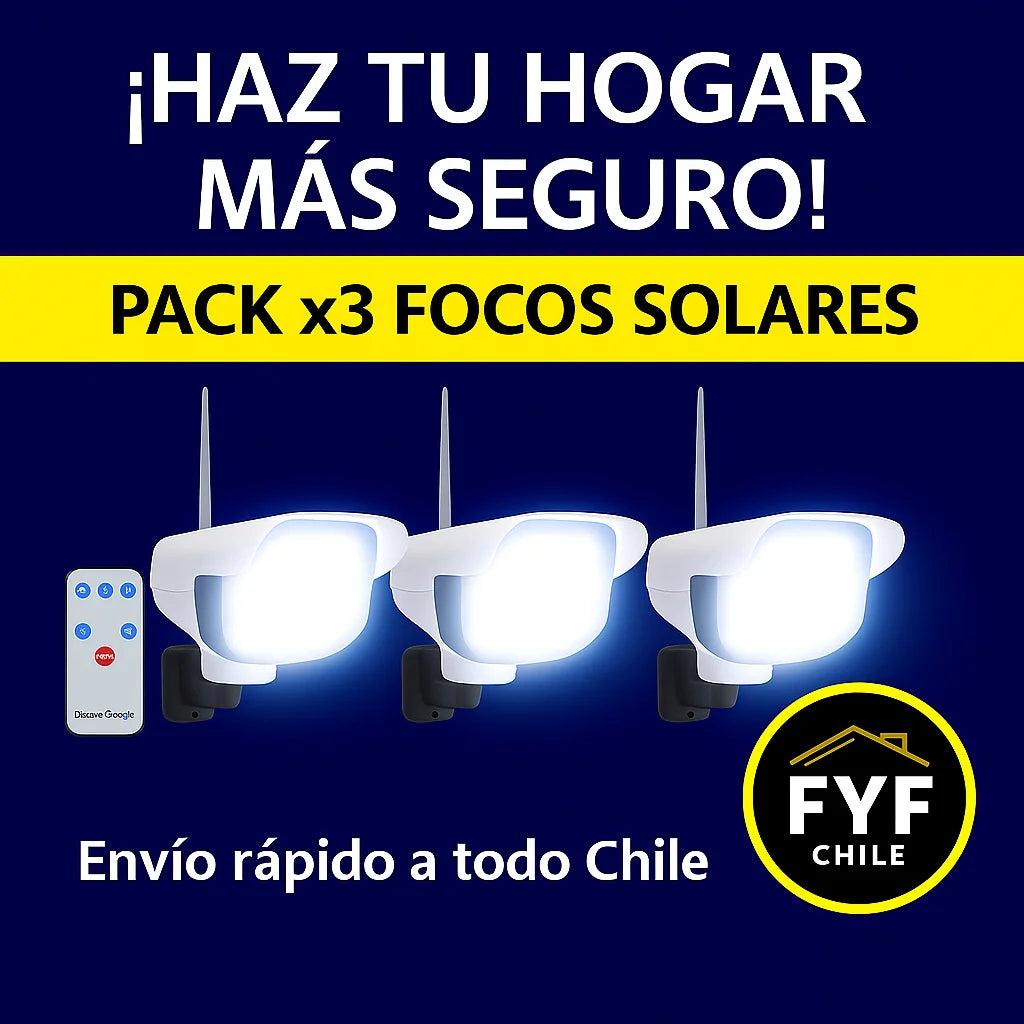 Pack de 3 focos solares tipo cámara con luz blanca potente, sensor de movimiento, control remoto y envío rápido a todo Chile. Seguridad para el hogar sin cables.