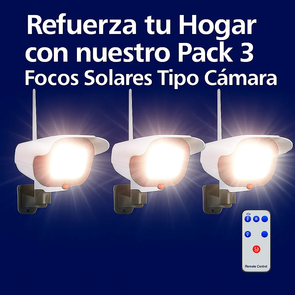 Pack de 3 focos solares tipo cámara con luz blanca potente y control remoto para exteriores, ideal para casa, patio o cabaña
