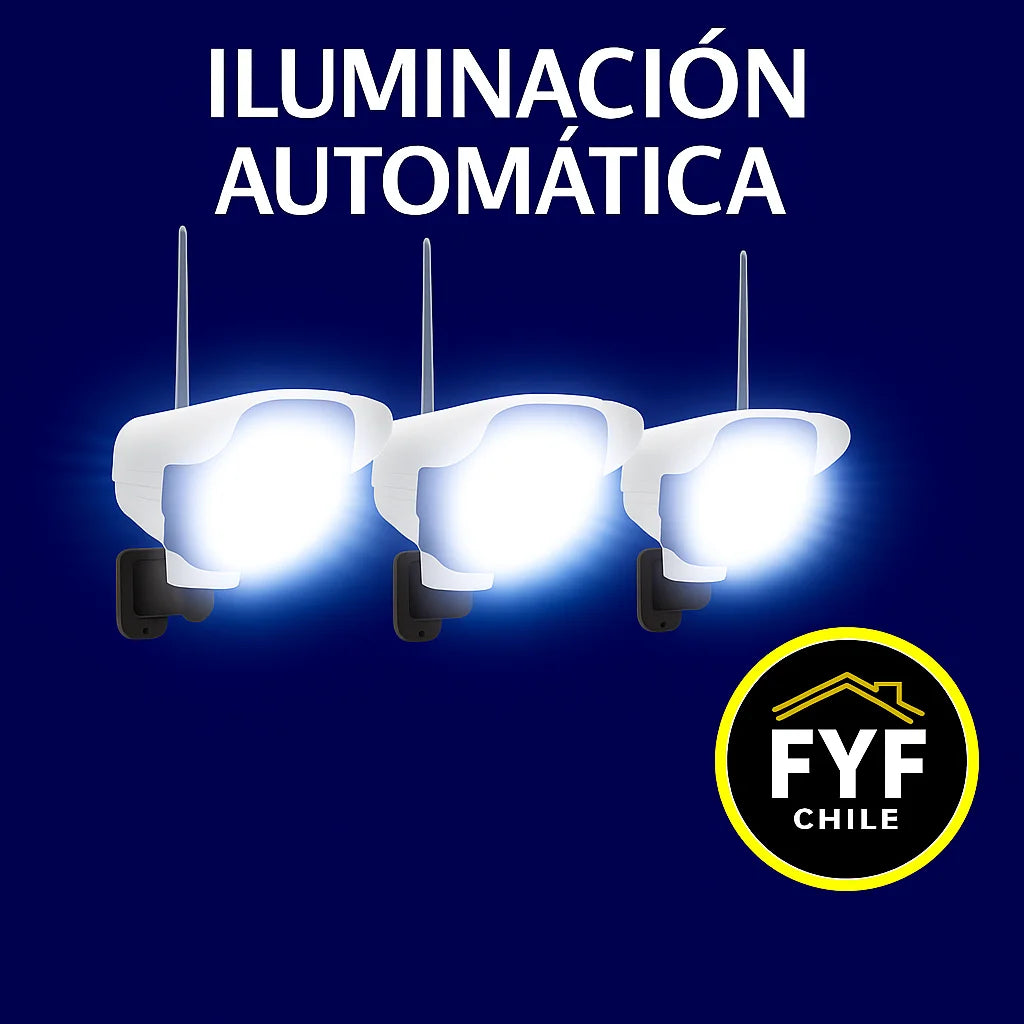 Pack de 3 focos solares tipo cámara encendidos con luz blanca automática, ideal para seguridad exterior, marca FYF Chile