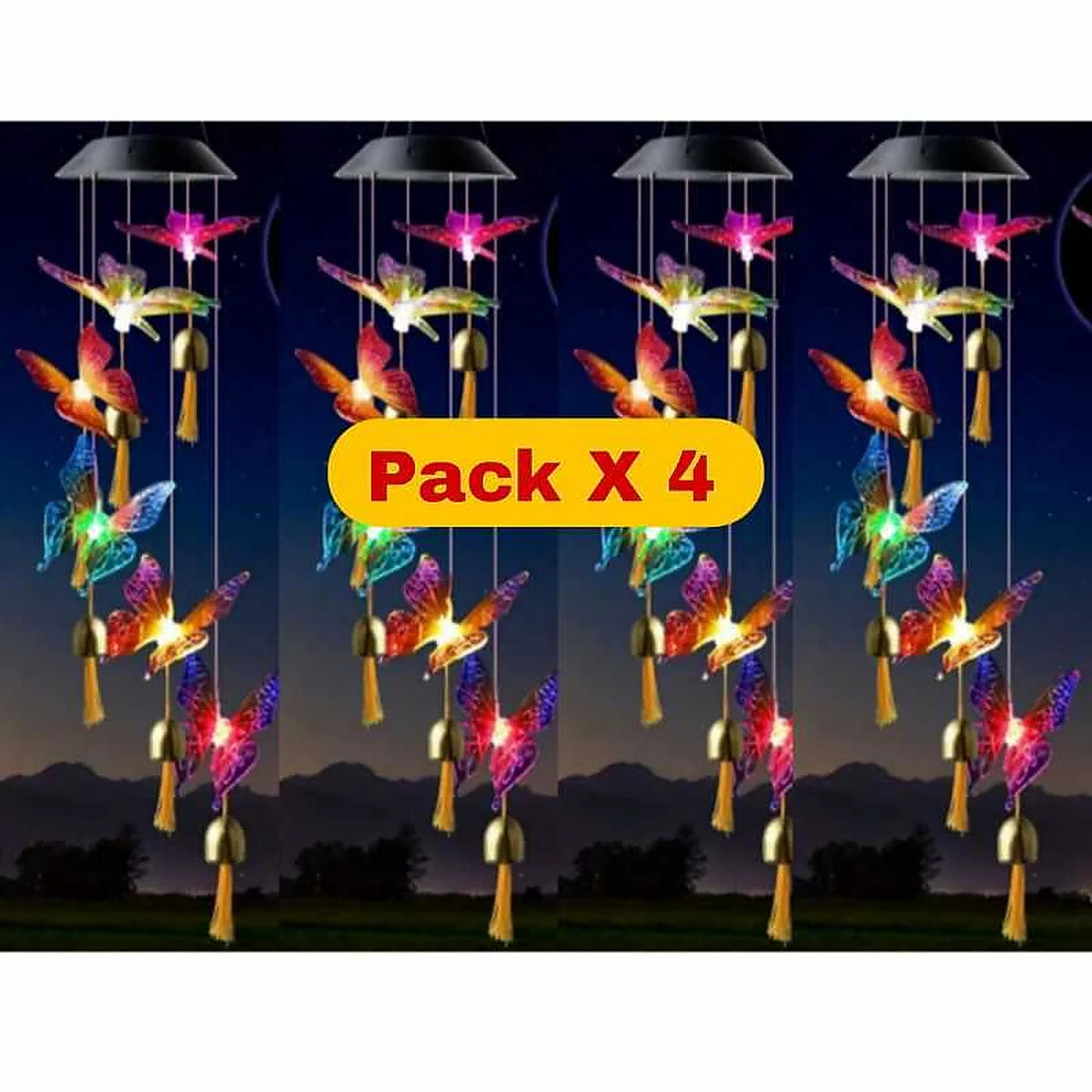 Pack de 4 colgantes solares de mariposas LED multicolor para jardín con iluminación decorativa nocturna