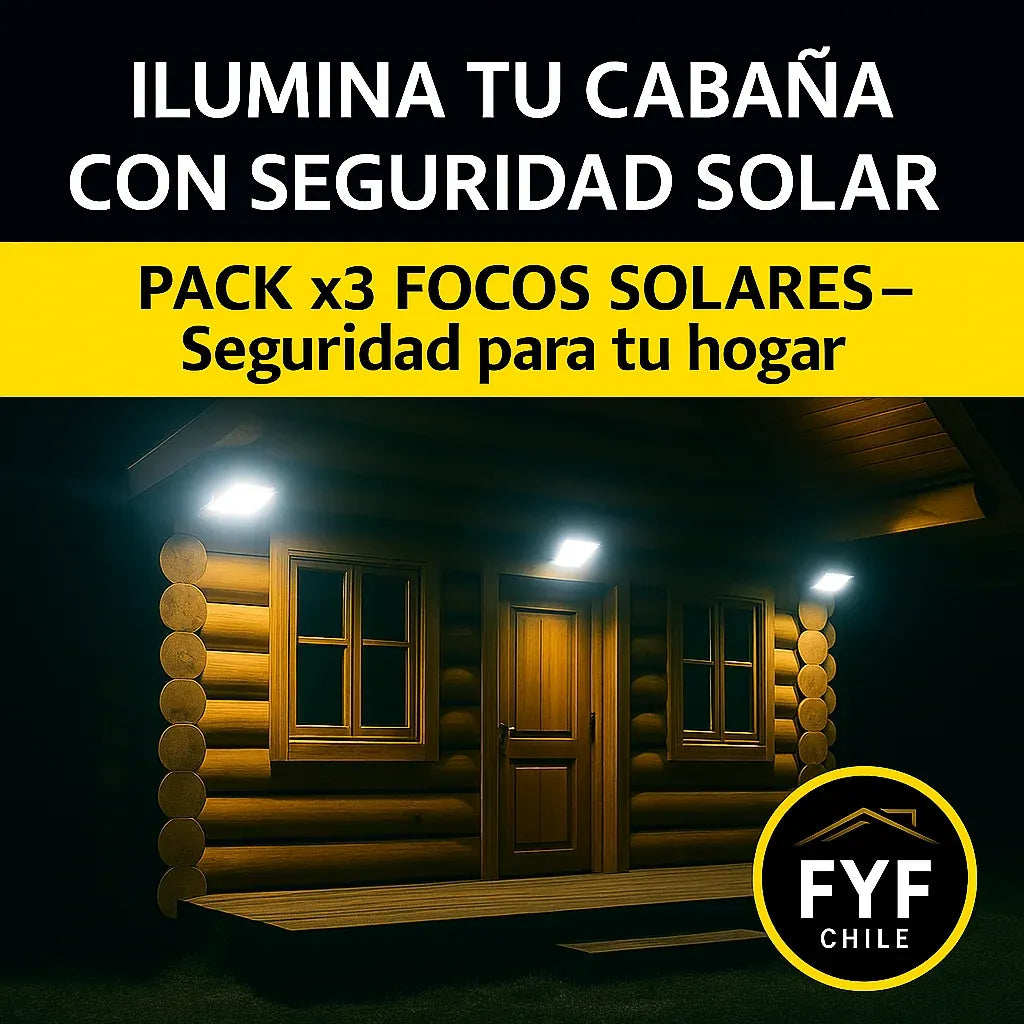 Tres focos solares tipo cámara iluminando una cabaña de madera en la noche, demostrando su potencia y seguridad