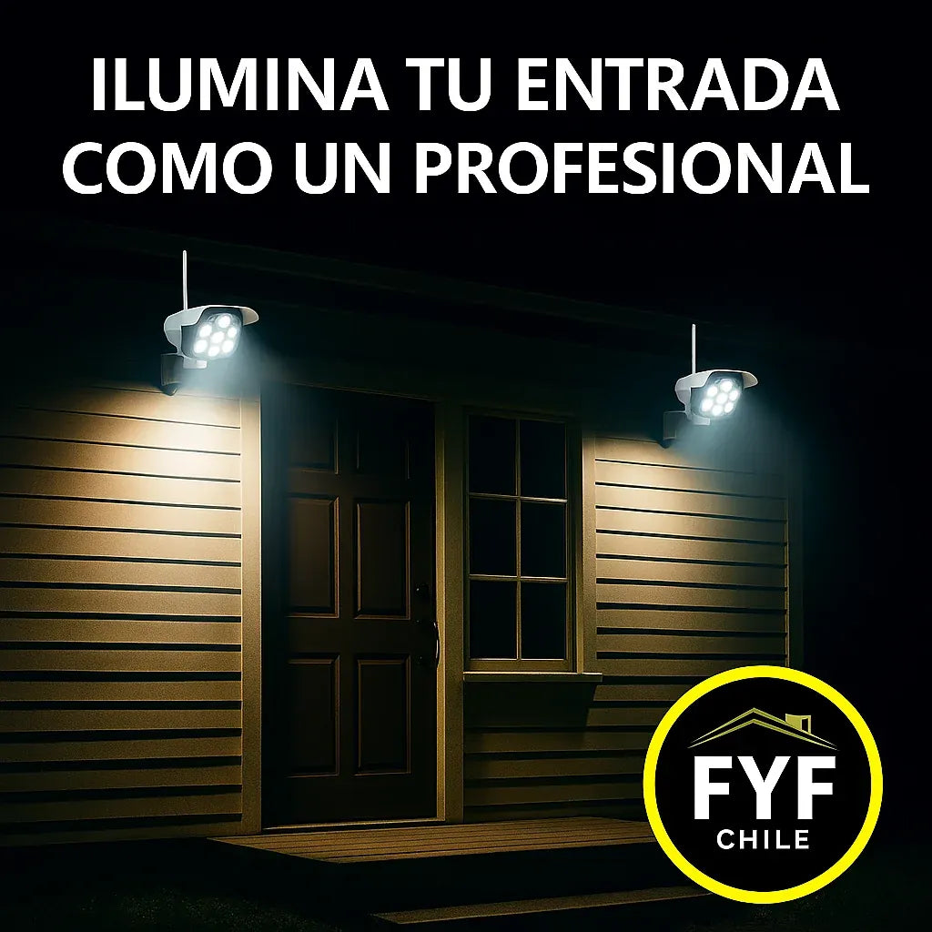 Focos solares iluminando una cabaña de noche para mayor seguridad y visibilidad