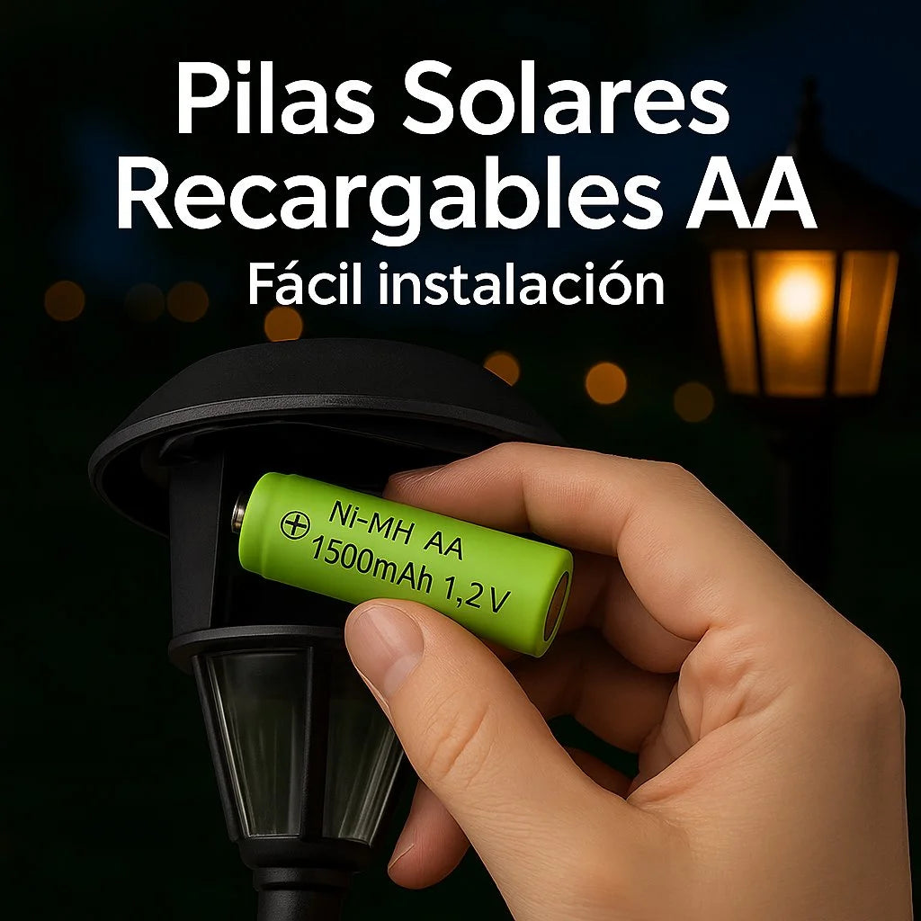 Instalación fácil de pila solar recargable AA 1500mAh en lámpara solar de jardín. Compatible y lista para usar.