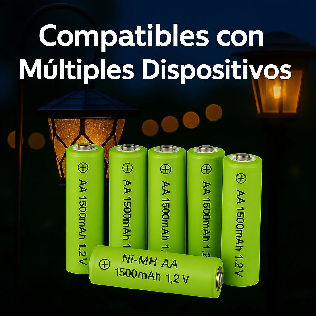 Pilas solares recargables AA 1500mAh compatibles con lámparas, guirnaldas y colgantes solares en todo Chile.