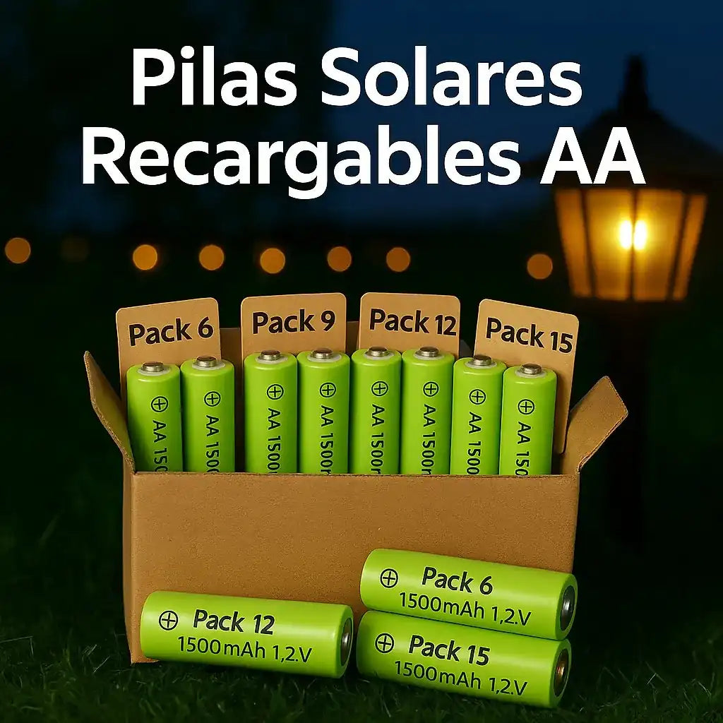 Pilas solares recargables AA 1500mAh en pack x6, x9, x12 y x15 unidades para luces solares de jardín.