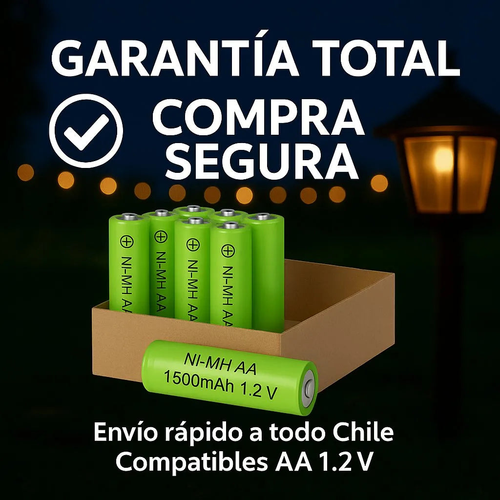 Pilas solares AA recargables 1500mAh con garantía total y compra segura, envío rápido a todo Chile, compatibles con luces solares 1.2V.