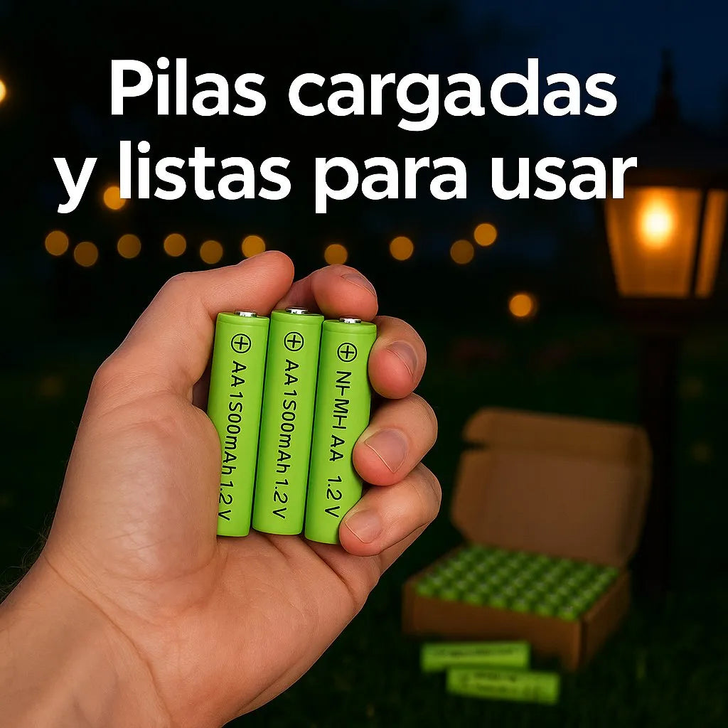 Mano sosteniendo pilas solares AA recargables 1500mAh listas para usar, con luces de jardín encendidas al fondo.