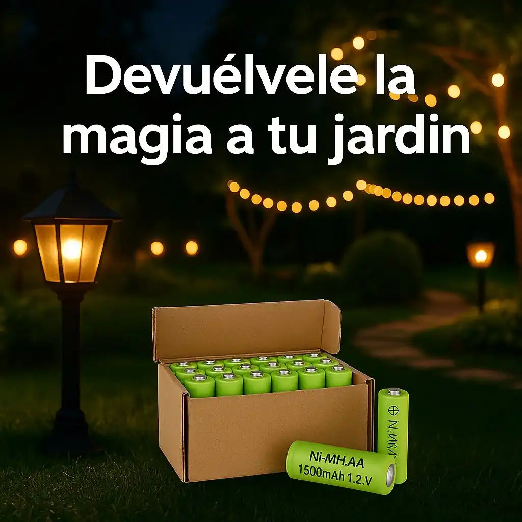 Caja con pilas solares recargables AA 1500mAh sobre césped, con luces solares encendidas, ideal para devolver la magia al jardín.