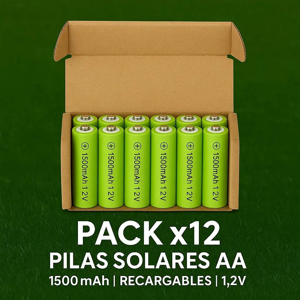 Pack de 12 pilas solares AA recargables 1500mAh en caja de cartón, ideal para luces de jardín y decoraciones solares.