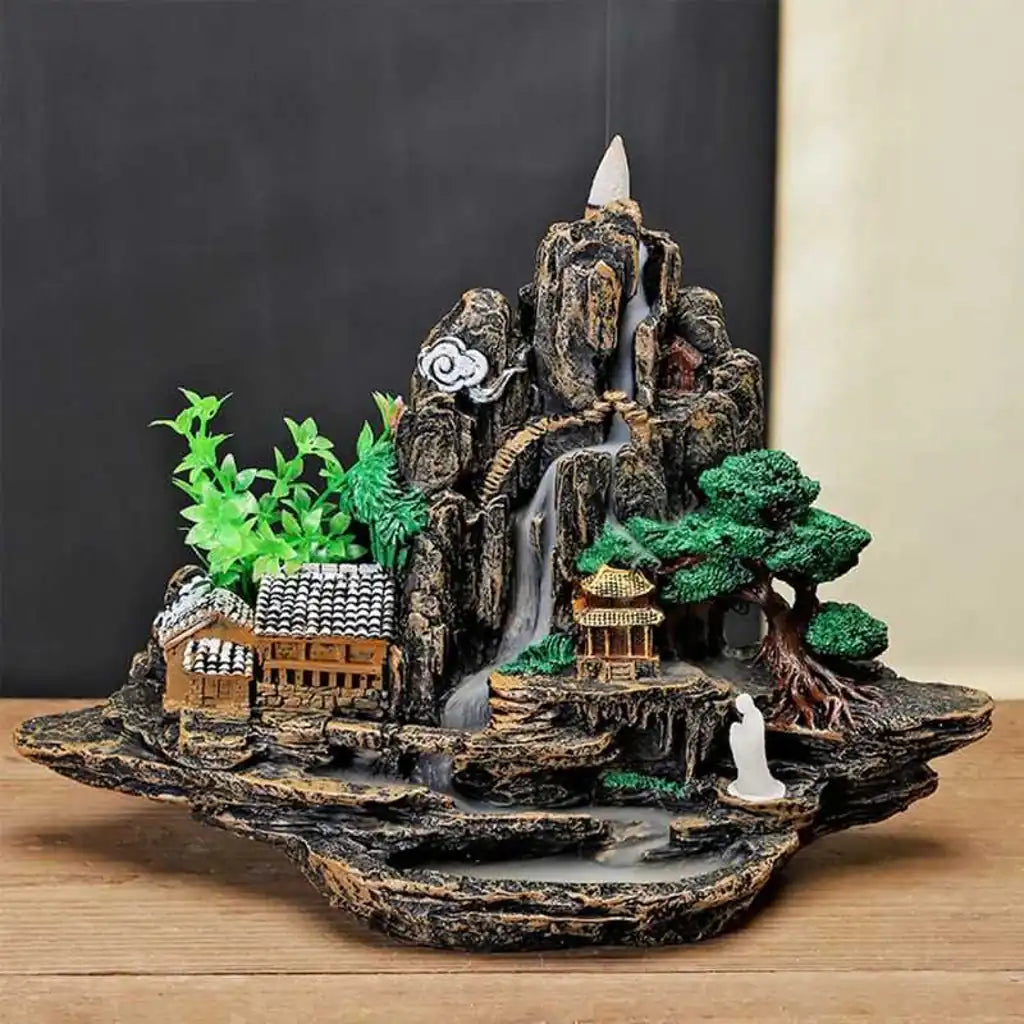 Porta incienso con diseño de montaña, árbol de la vida, figura de Buda y efecto cascada de humo – regalo espiritual decorativo