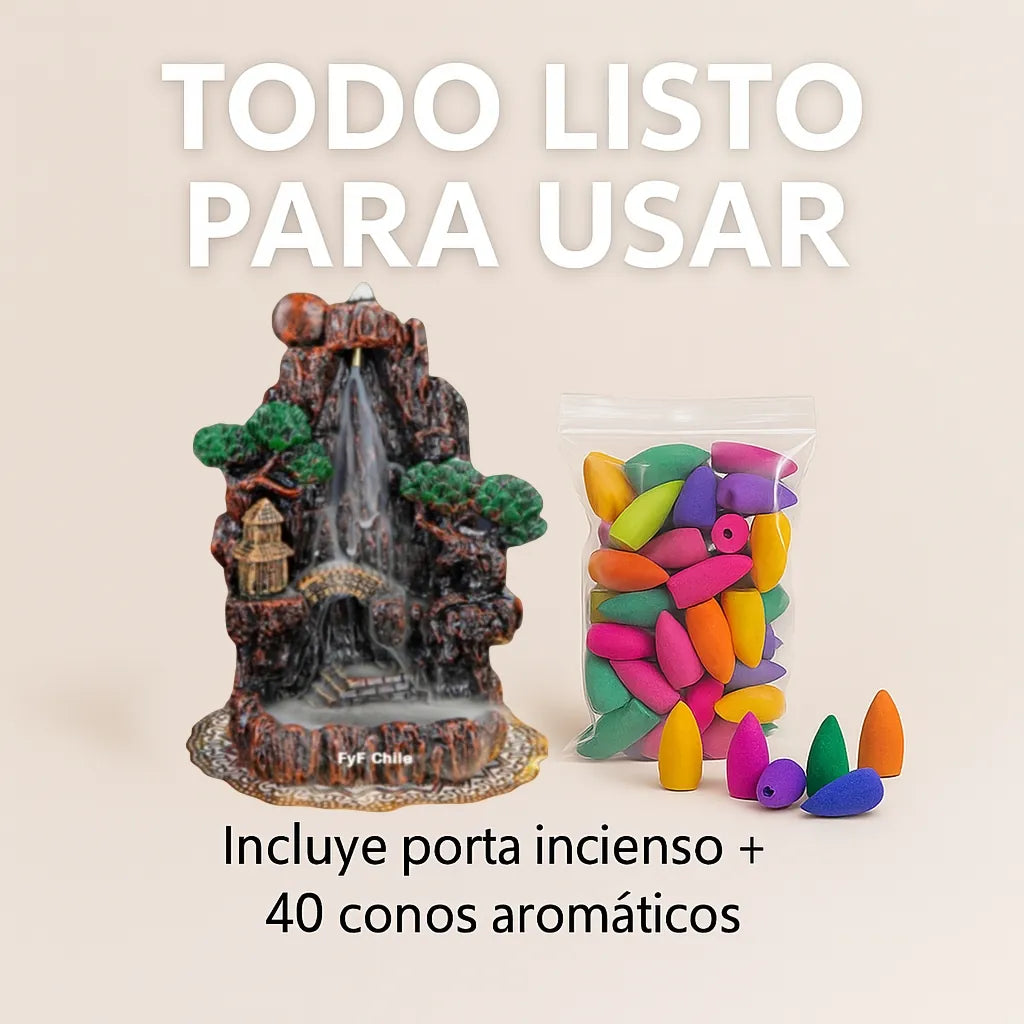 Quemador de incienso tipo cascada con conos aromáticos incluidos