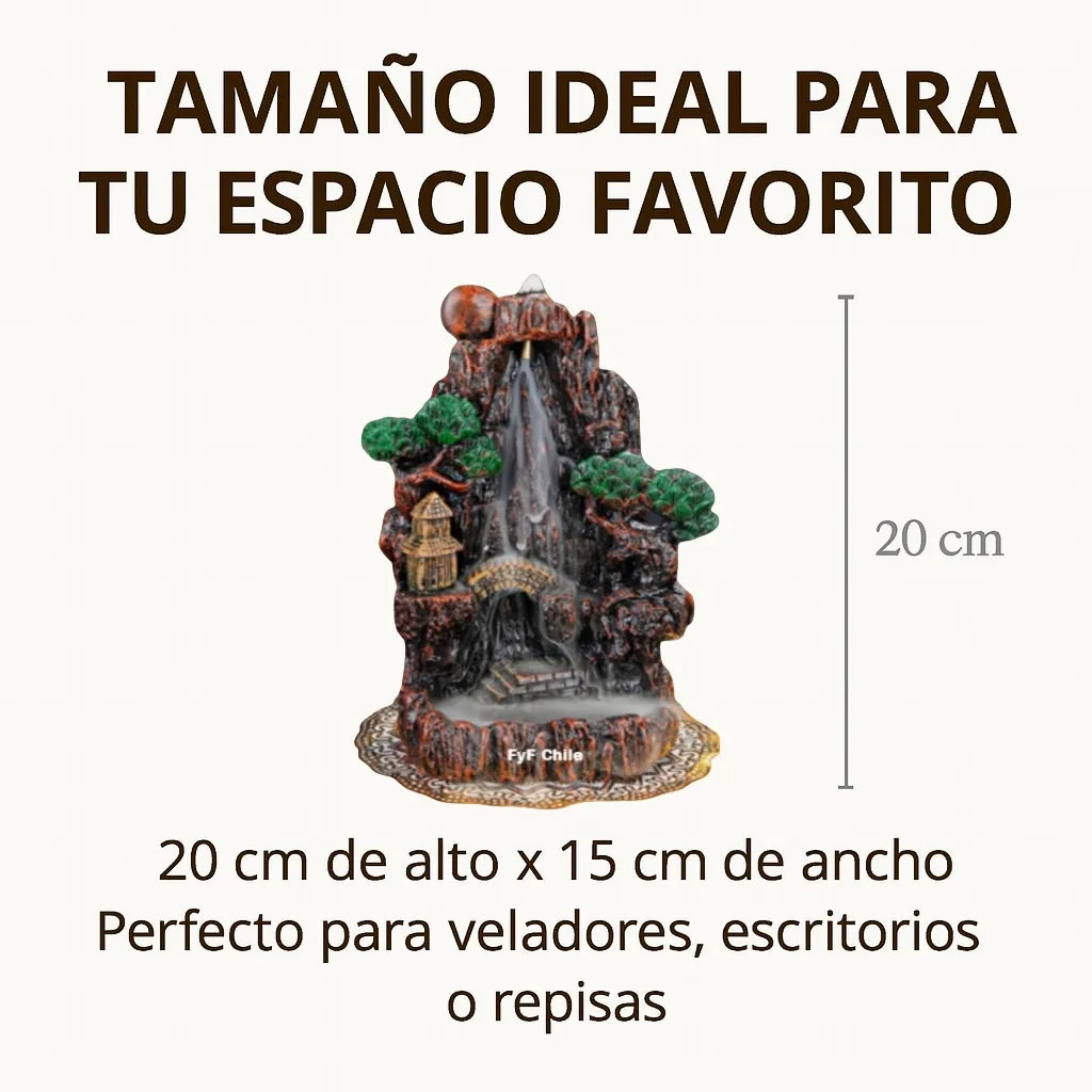 Imagen del porta incienso cascada en uso con cono backflow encendido