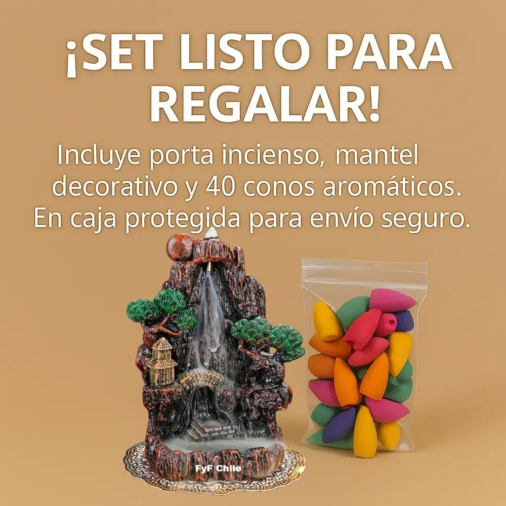 Set porta incienso cascada ideal para regalar: incluye 40 conos, mantel y caja protectora