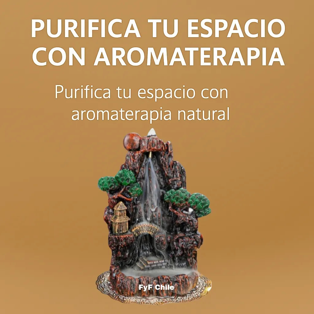 Imagen del porta incienso cascada en uso con cono backflow encendido