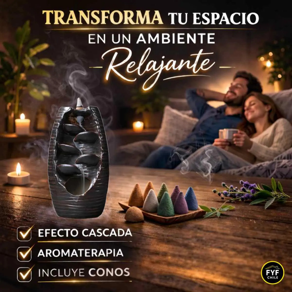 quemador de incienso cascada backflow creando ambiente nocturno relajante en sala de estar con aromaterapia y decoración cálida del hogar