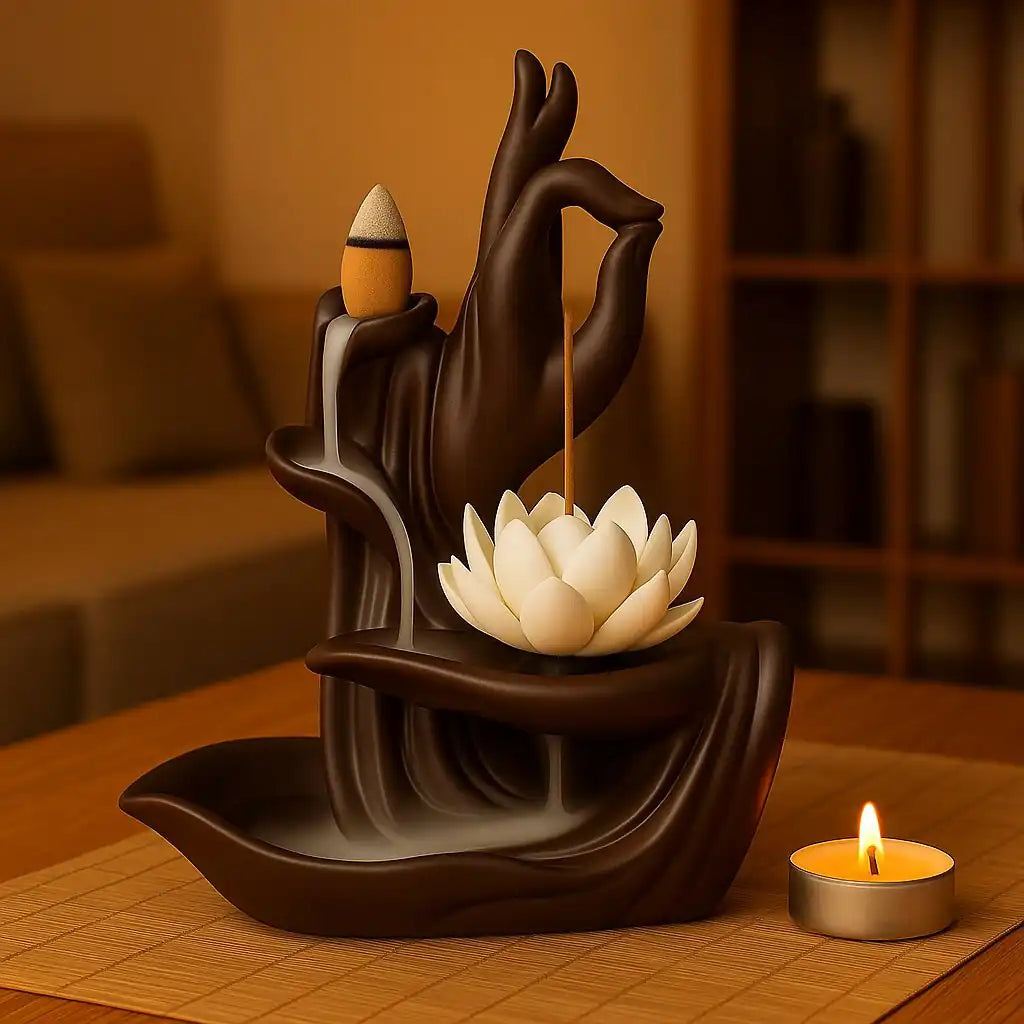 Quemador de incienso decorando un espacio interior, ambientación cálida y aromas relajantes