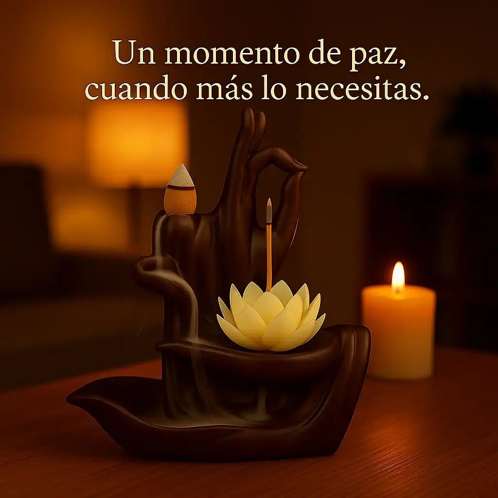 Escena nocturna con quemador de incienso en cascada creando un ambiente de paz y relajación