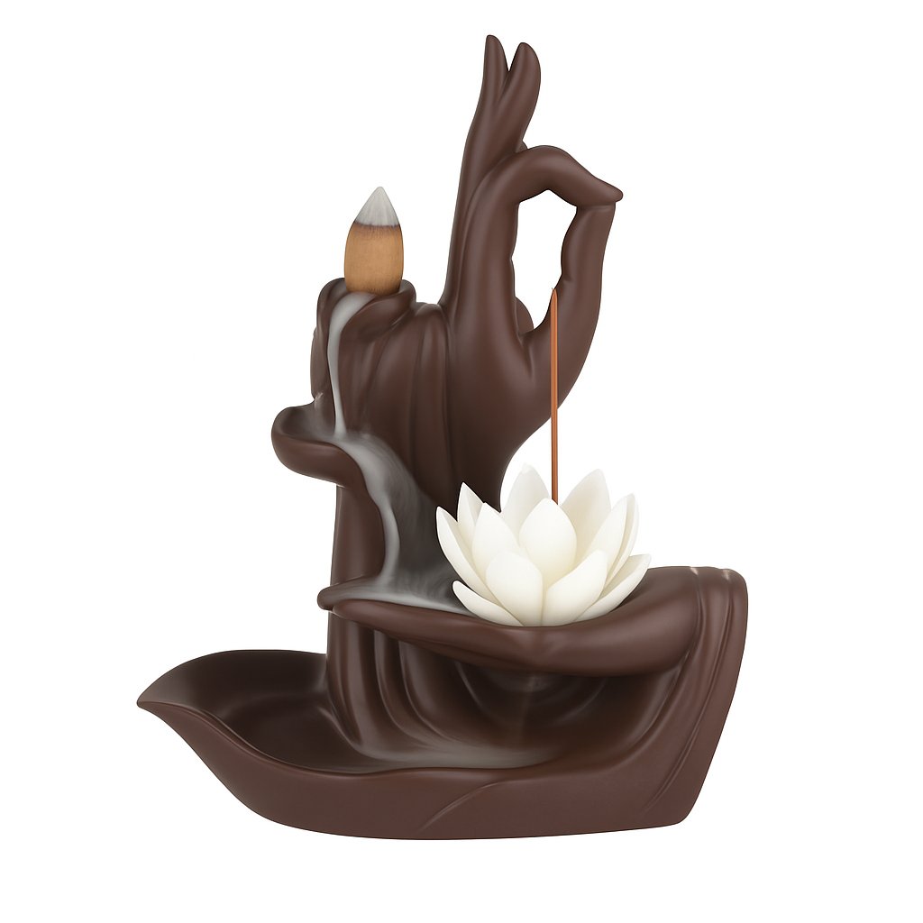 Quemador de incienso tipo cascada con diseño zen y flor de loto, imagen principal sobre fondo blanco