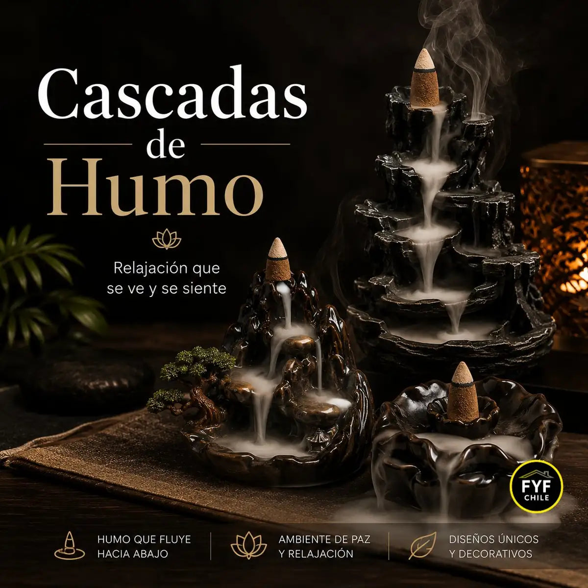 Cascadas de humo de incienso para armonizar el hogar, regalos zen decorativos de FyF Chile.