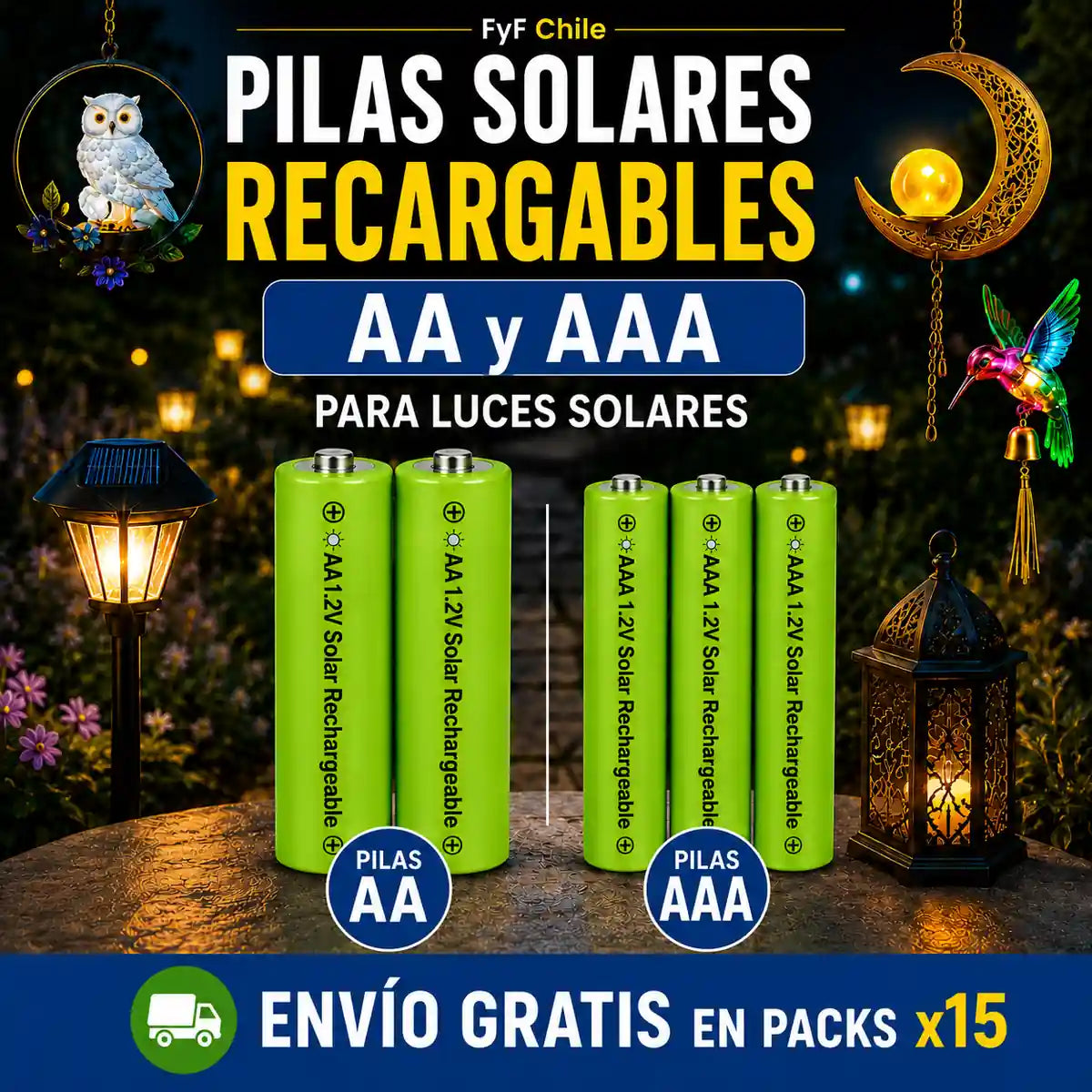 Pilas solares recargables AA y AAA para luces solares de jardín, compatibles con lámparas, faroles y adornos solares de exterior.