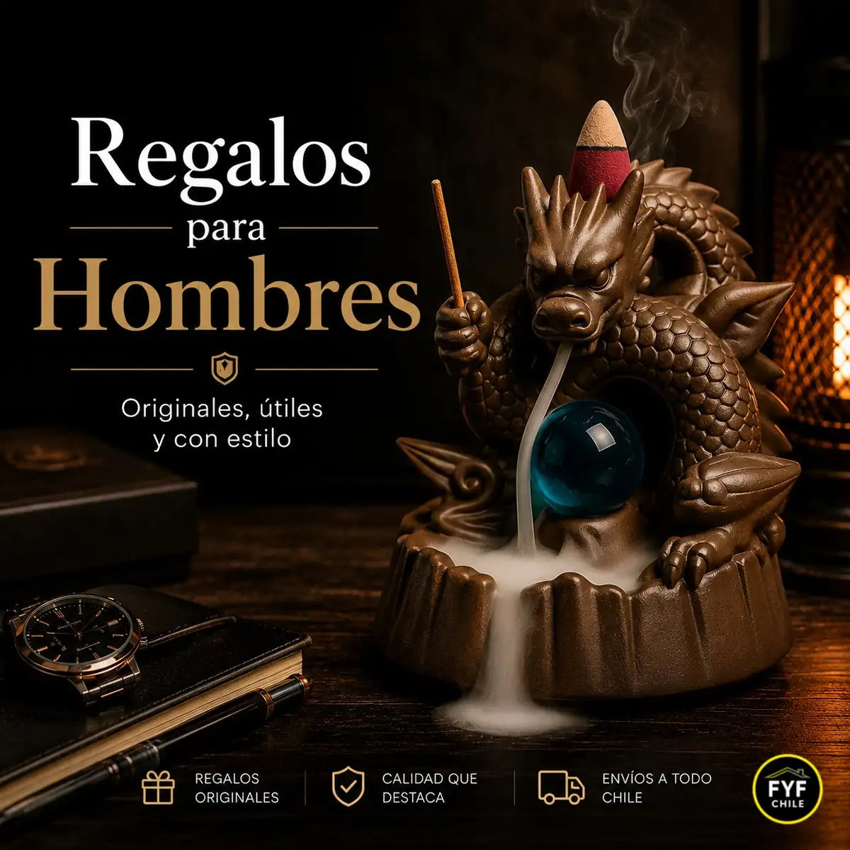 Regalos para hombres originales, útiles y con estilo en Chile, con cascada de humo dragón decorativa de FyF Chile.