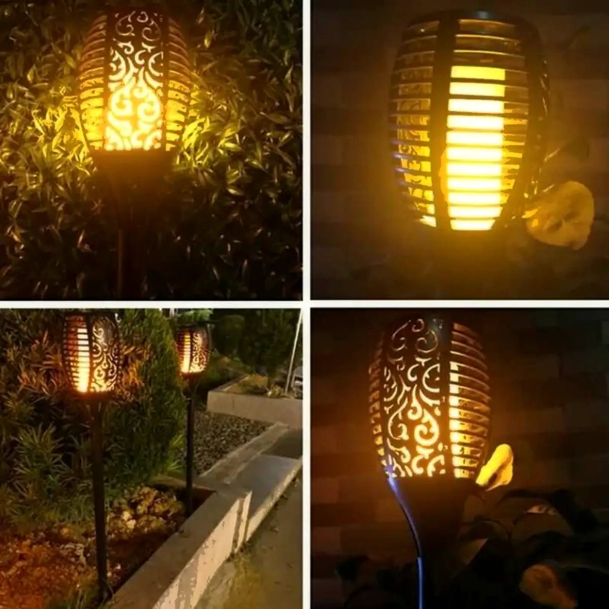 Collage de antorchas solares para jardín con efecto fuego y resplandor leve, instaladas en senderos y zonas exteriores decorativas.