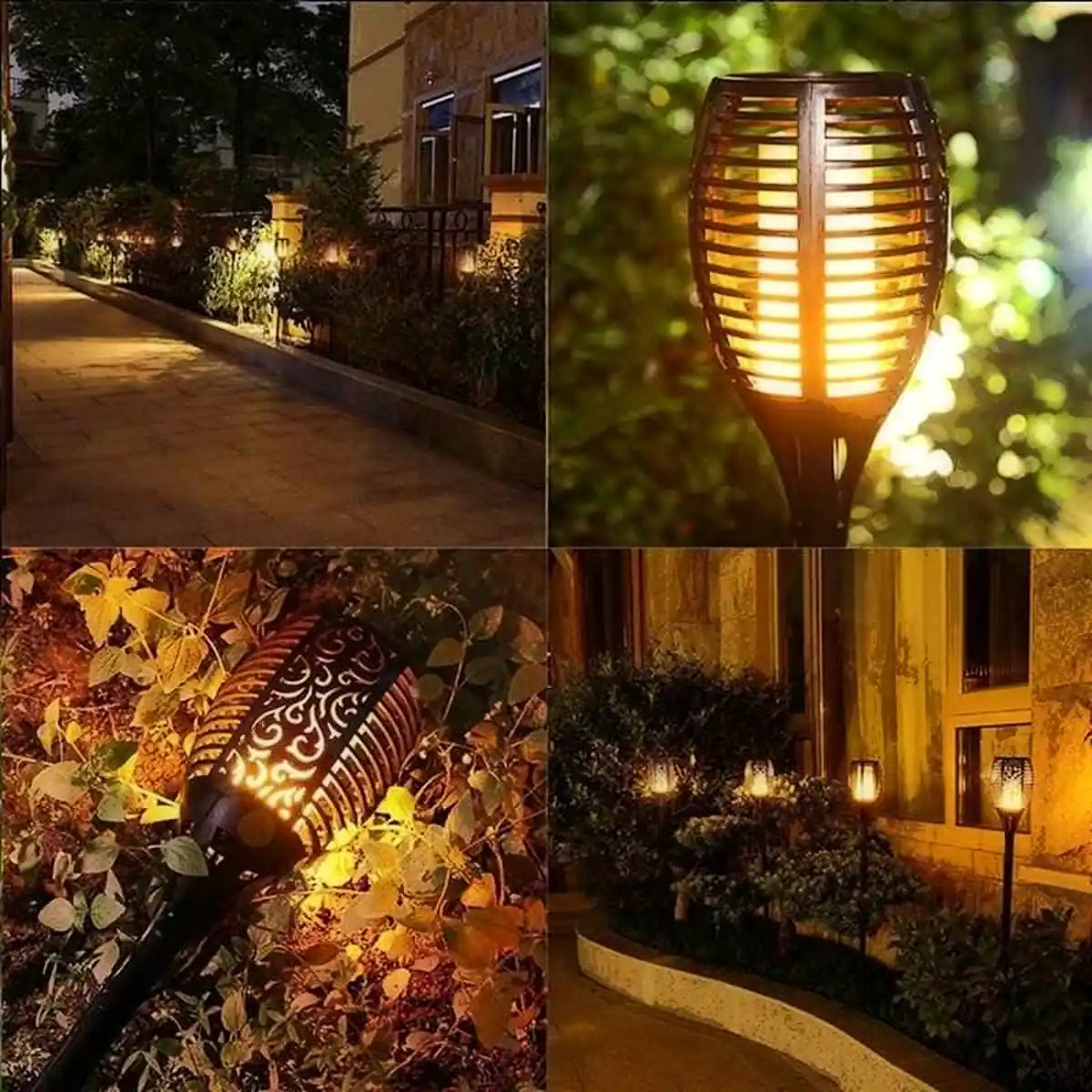 Collage de antorchas solares para jardín con efecto fuego y resplandor suave iluminando senderos y áreas exteriores.
