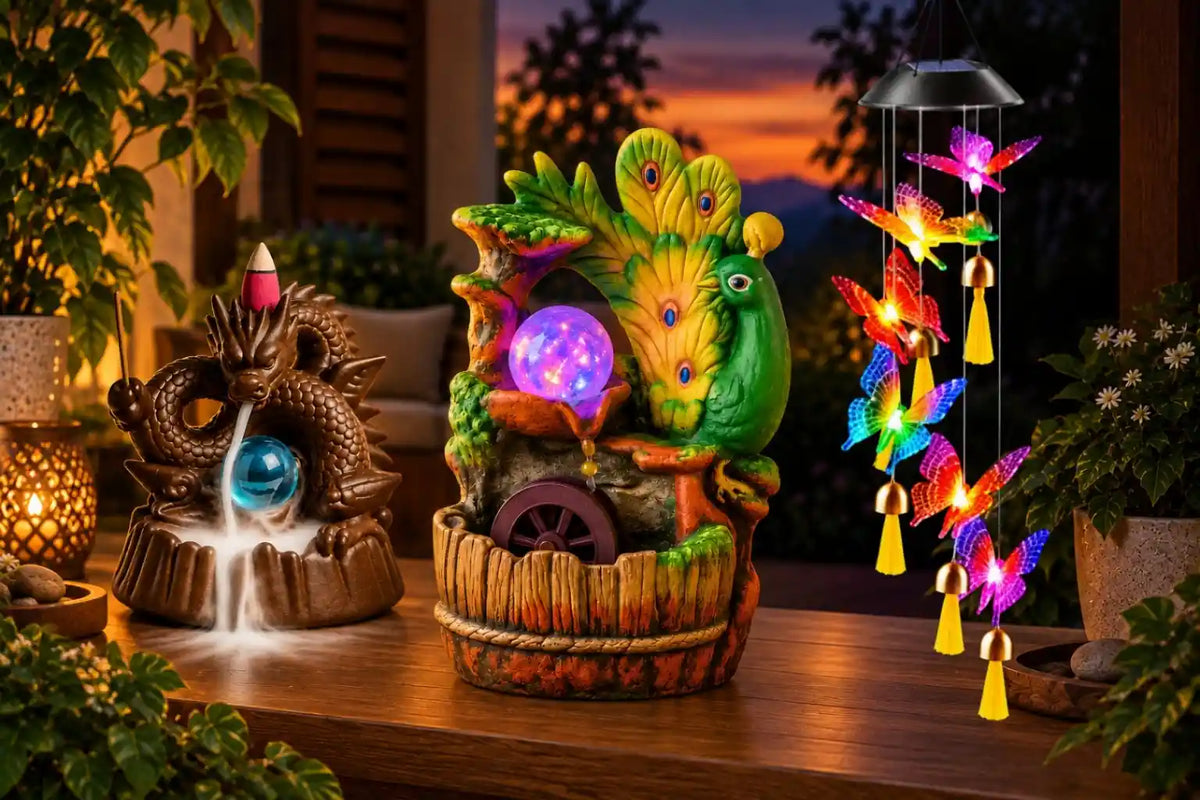 Regalos para el hogar FyF Chile: fuente de agua, cascada de humo y colgante solar de mariposas