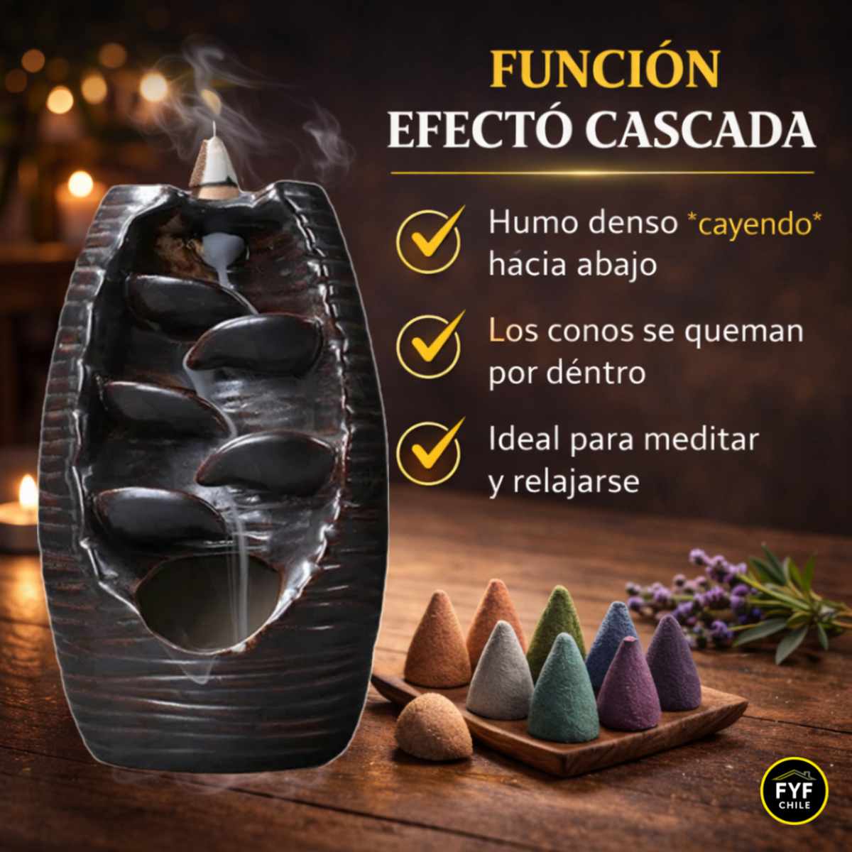 quemador de incienso cascada backflow utilizado para aromaterapia y relajación con humo descendente durante meditación en ambiente tranquilo del hogar