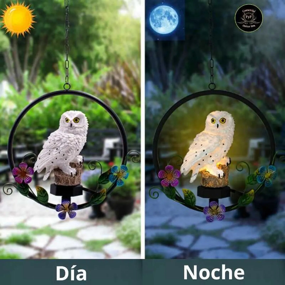 Lámpara solar decorativa de búho comparativa día y noche, mostrando carga solar diurna y encendido automático nocturno.