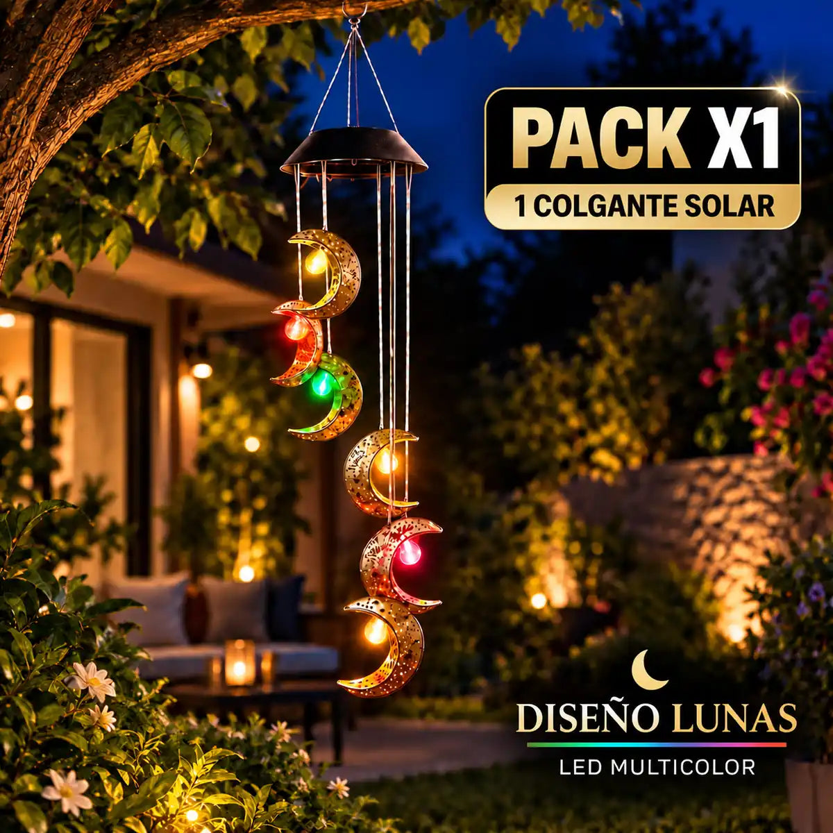 Campana de viento solar luna LED multicolor Pack x1 con 6 lunas y 75 cm de largo