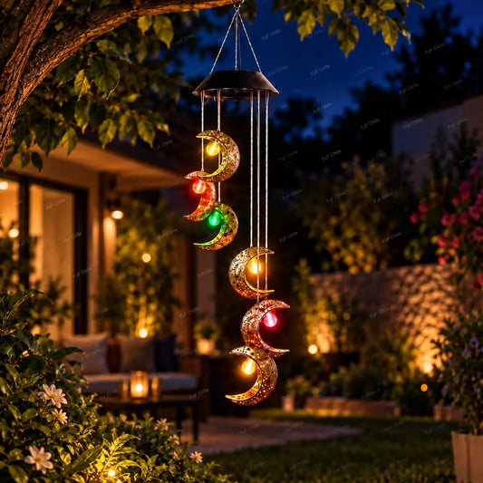 Campana de viento solar luna LED multicolor con 6 lunas colgantes para jardín